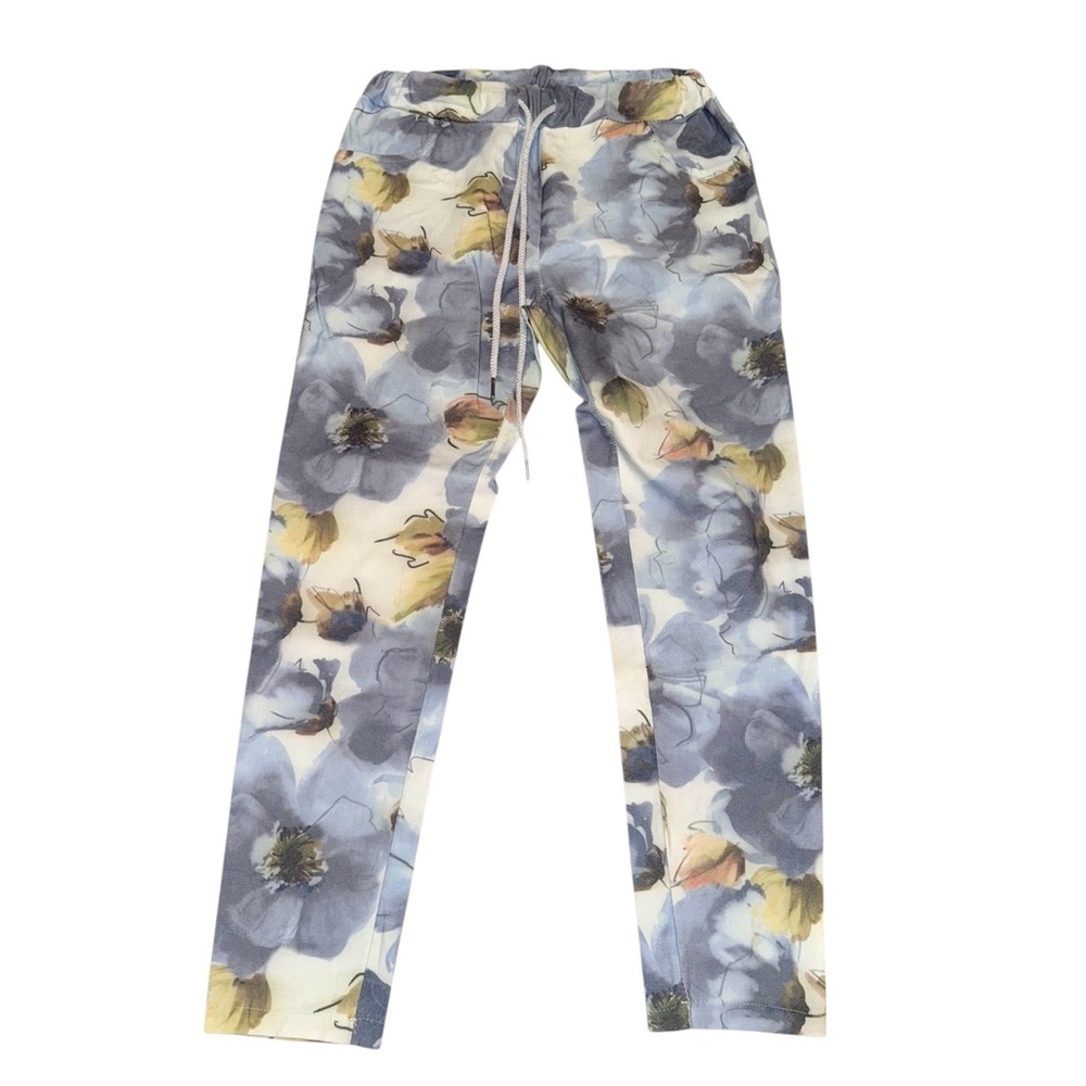 Womenβs Floral Drawstring Pants - Blue & Cream